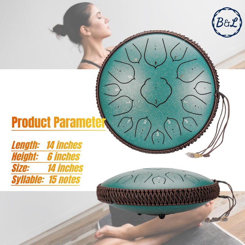 BURNING&LIN Steel Tongue Drum 14 Inches 15 Notes Hand Pan Drum Rain Drum Percussion for Meditation Yoga Musical Education for Adult& Kids(Lotus Green) - Image 2